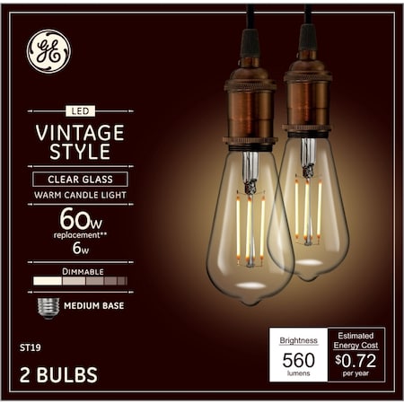 Current GE ST19 E26 (Medium) LED Bulb Warm Candle Light 60 W , 2PK 36566